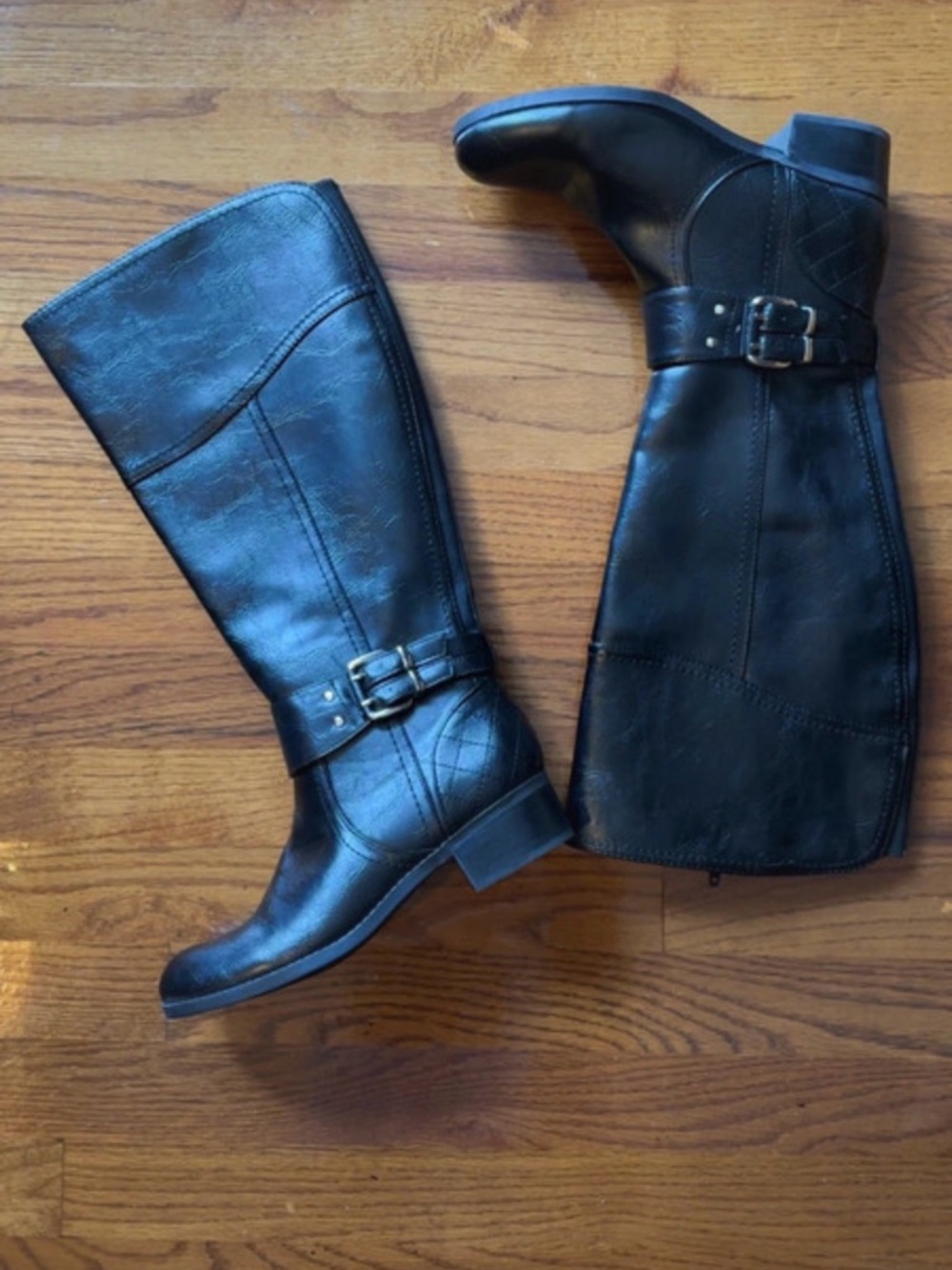 Unisa Black Leather Knee-High Riding Boots with Buckle Strap